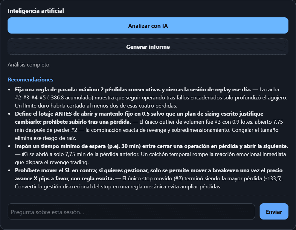 Extracto real de un análisis del coach de IA: recomendaciones concretas que citan las operaciones de una sesión de EURUSD