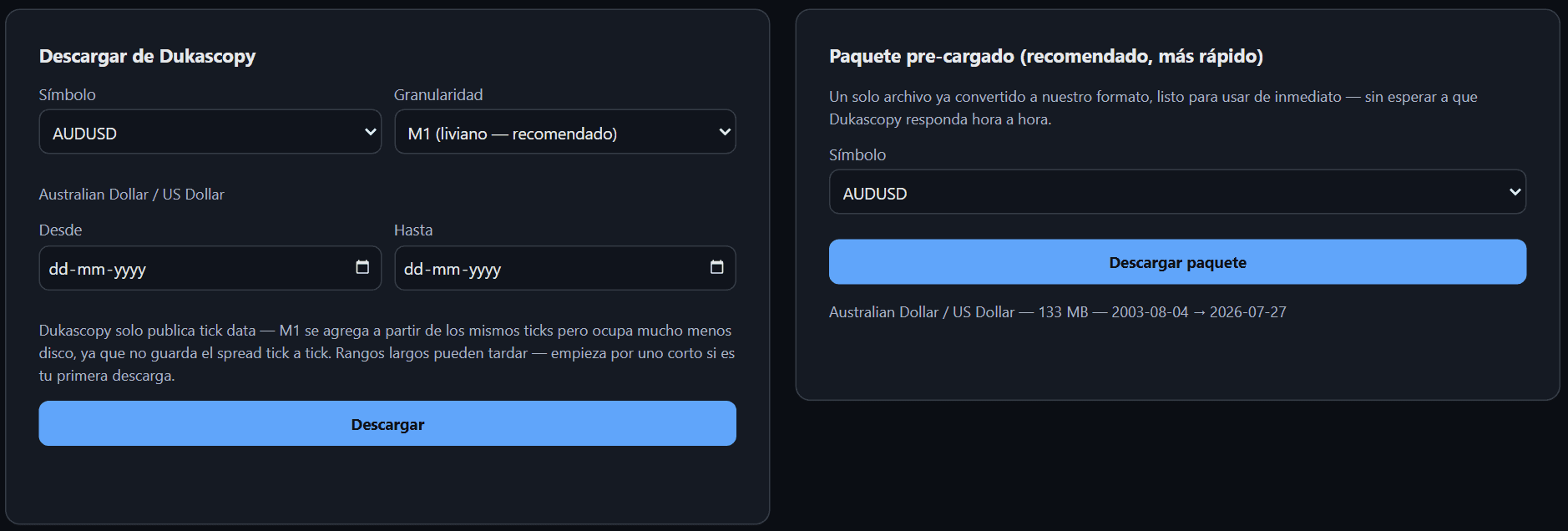 Pantalla de descarga de datos históricos con el inventario de EURUSD ya importado