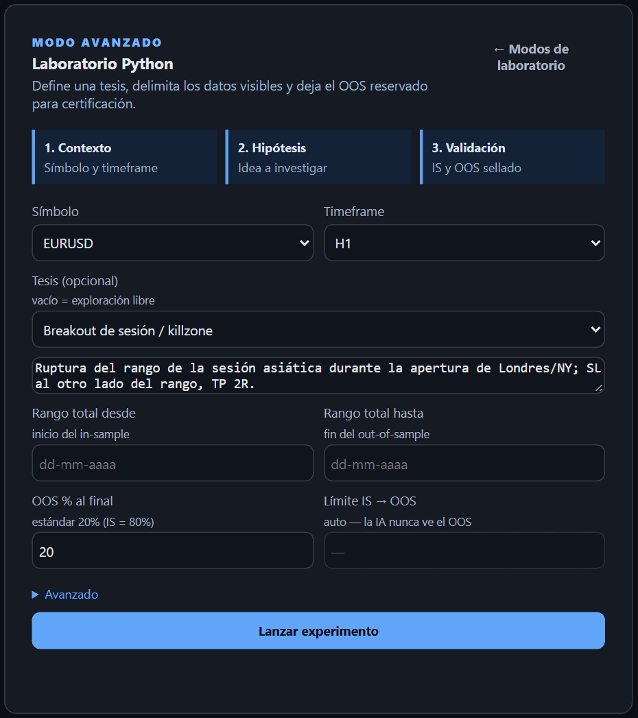 Laboratorio IA de EdgeForge Backtester: formulario de nuevo experimento con rango in-sample/out-of-sample