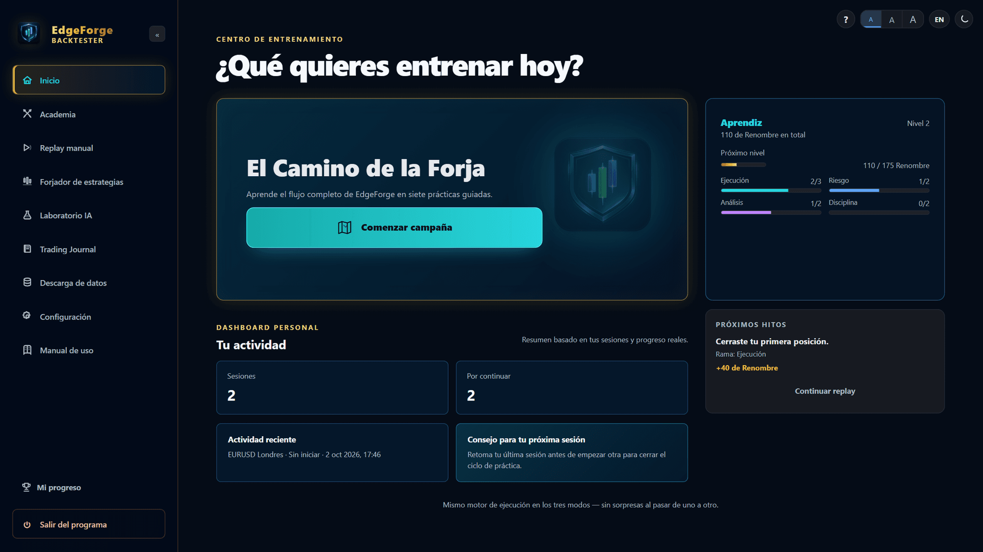 Menú principal de EdgeForge Backtester: mismo motor para replay manual y backtesting automático