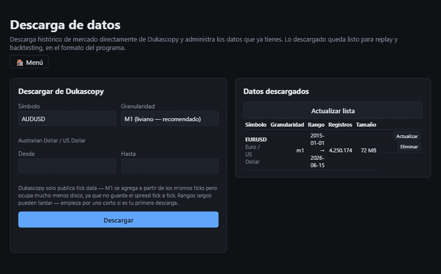 Pantalla de descarga de datos históricos con el inventario de EURUSD ya importado