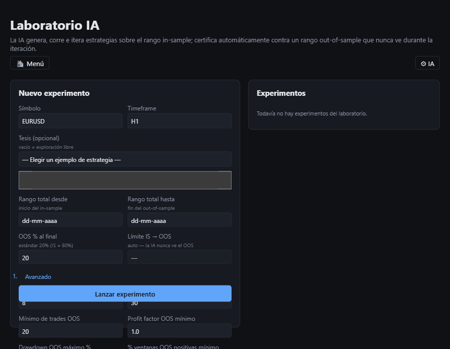 Laboratorio IA de EdgeForge Backtester: formulario de nuevo experimento con rango in-sample/out-of-sample