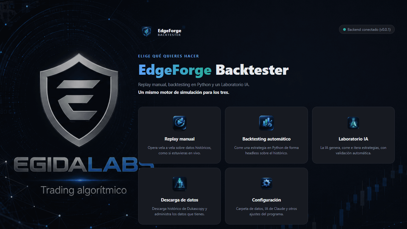 Menú principal de EdgeForge Backtester: mismo motor para replay manual y backtesting automático